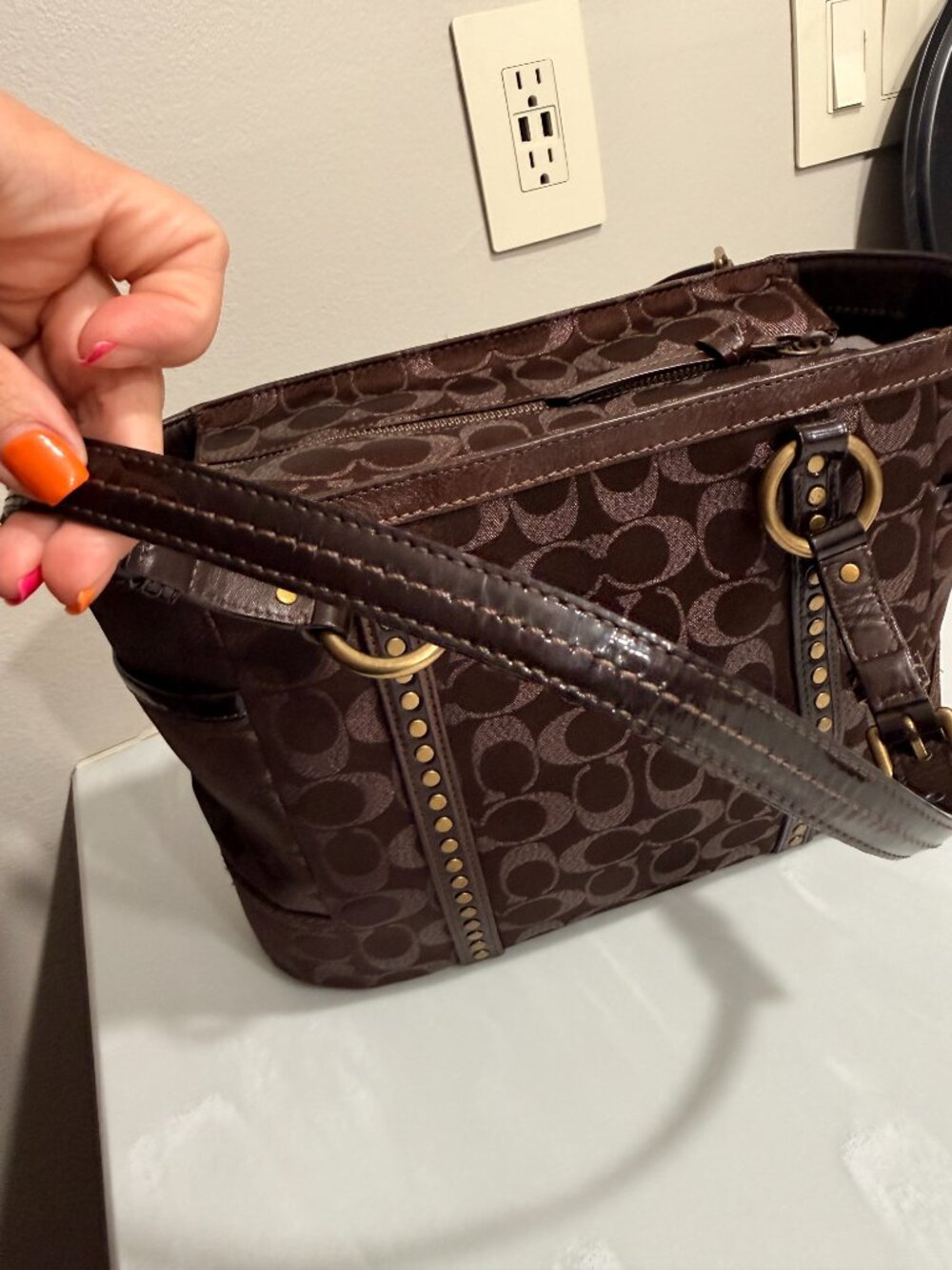 Dark Chocolate Brown Coach Signature Studded Lurex Tote Bag - Picture 13 of 14